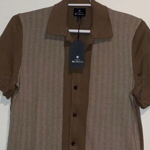 BEN SHERMAN KNIT COTTON BLEND BUTTON FRONT BROWN COLOR BLOCK SWEATER SHIRT M NWT
